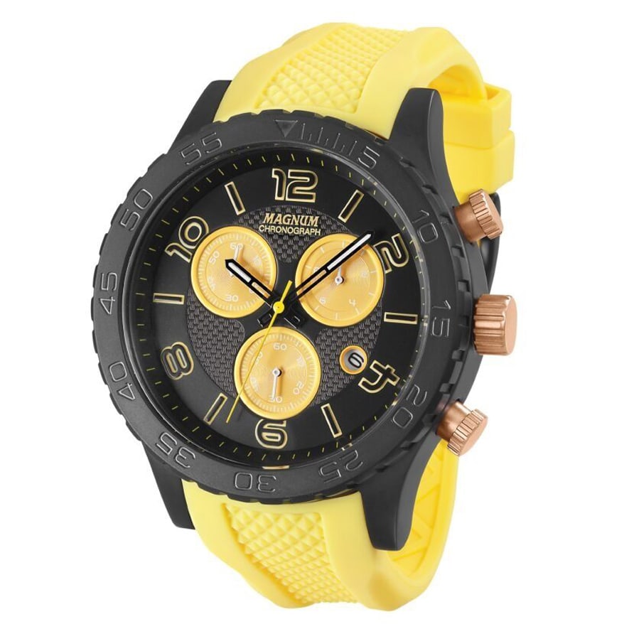 51 mm Men's Magnum Captain Quartz Watch: The Magnum Captain is a big Men's 51mm case chronograph.The case sports a matt finish in each color with large stop watch function buttons. The dial features an almost holographic carbon fibre texture