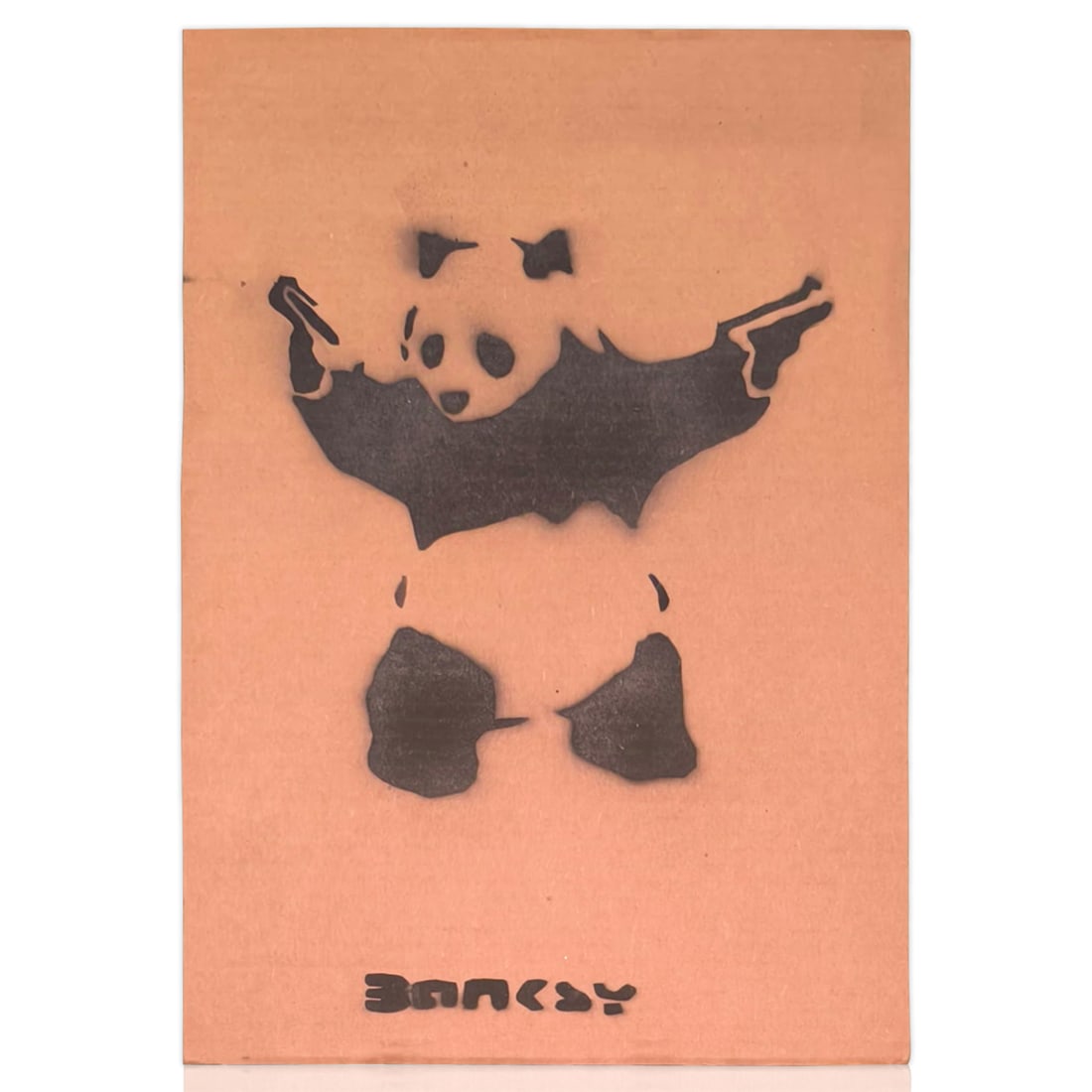 Banksy Art on Cardboard of a Panda Bear Holding Two Pistols (1 of 3)