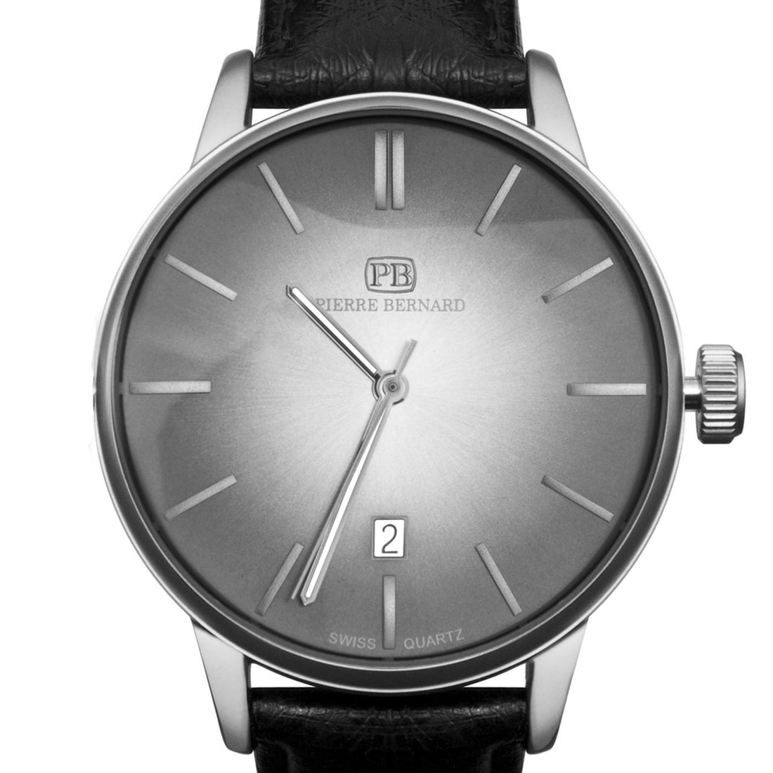 Pierre Bernard Black Leather 42mm Case Men's Watch: Classic Men's Watch - Swiss Ronda 515 Movement, Classic Design, Sapphire Coated Crystal, Visible Date Window, 42mm Stainless Steel Case, Luminescent hands, Adjustable Leather Strap, 50m Water Resistan