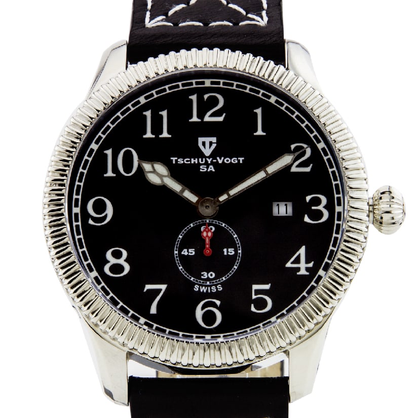 Tschuy-Vogt A24 Swiss 45mm Case Cavalier Mens Watch: Swiss Military Style Design - 45mm stainless steel case with a Swiss Ronda 6004.D Movement, and sapphire-coated crystal. Water-resistant up to 10 ATM. A perfect vintage military style watch.