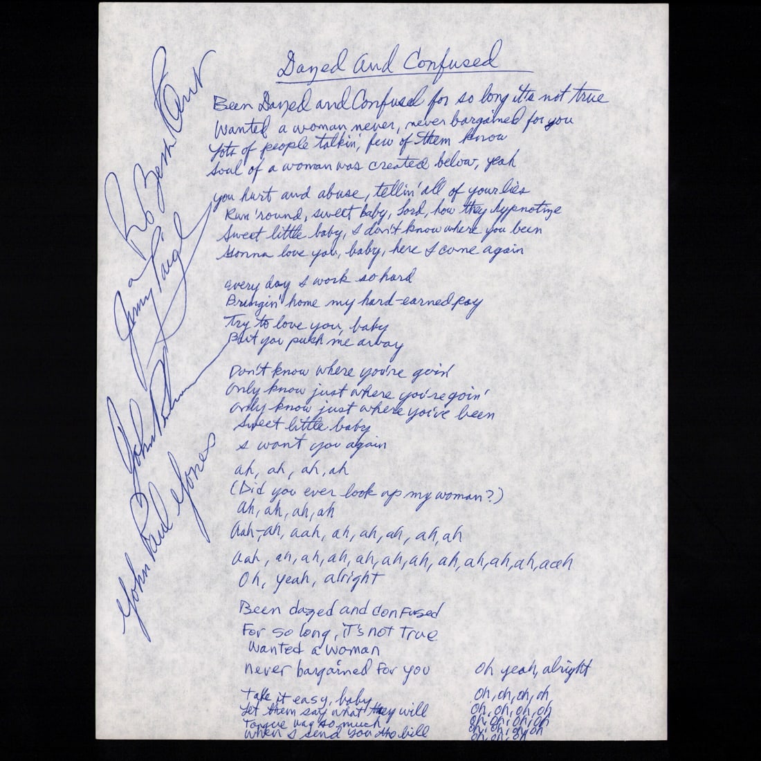 Led Zeppelin Band Signed Handwritten "Dazed and Confused" Lyrics (1 of 3)