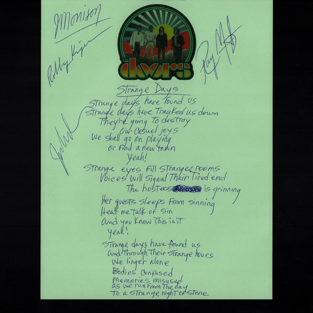 Jim Morrison Handwritten "Strange Days" Lyrics on Band Stationary (1 of 3)