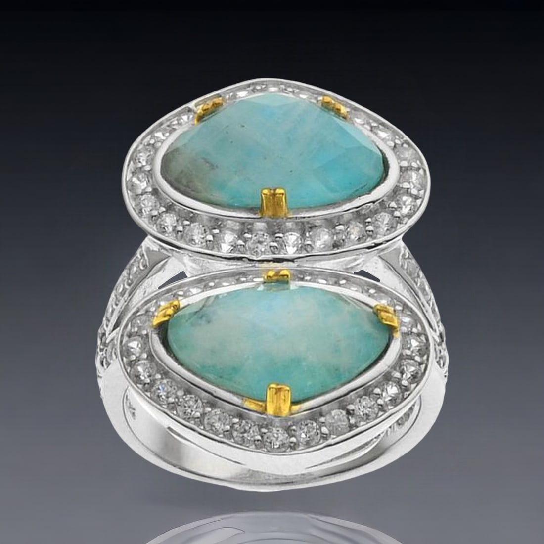 Rainbow Moonstone & Turquoise Doublet Ring surronded by gleaming White Zircon - Size 9 (1 of 1)