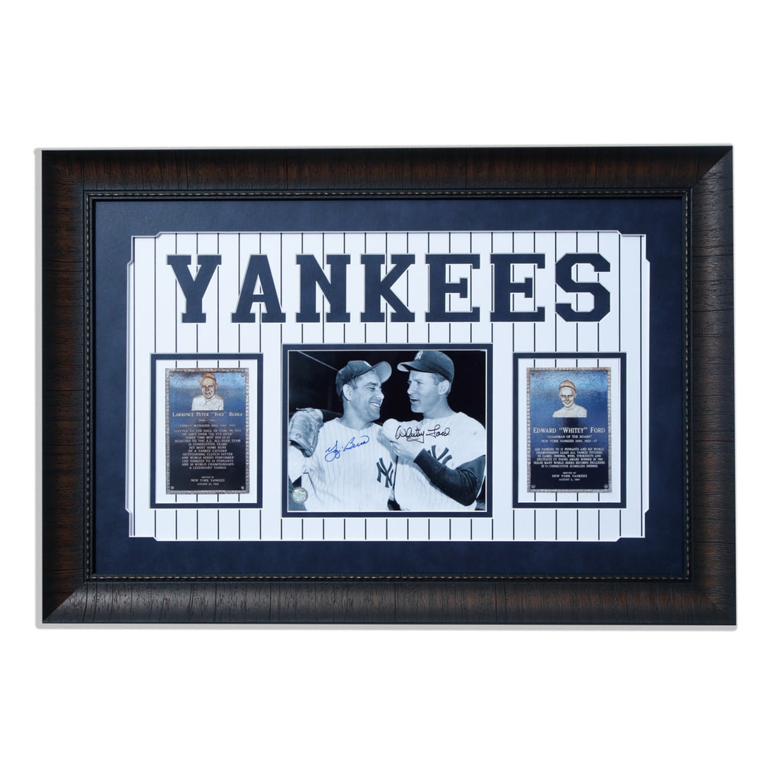 Yogi Berra & Whitey Ford Baseball Legends: This is a beautifully designed 32x22 custom framed and original Yogi Berra & Whitey Ford Autographed picture. This piece comes with a Certificate of Authenticity attached to the back