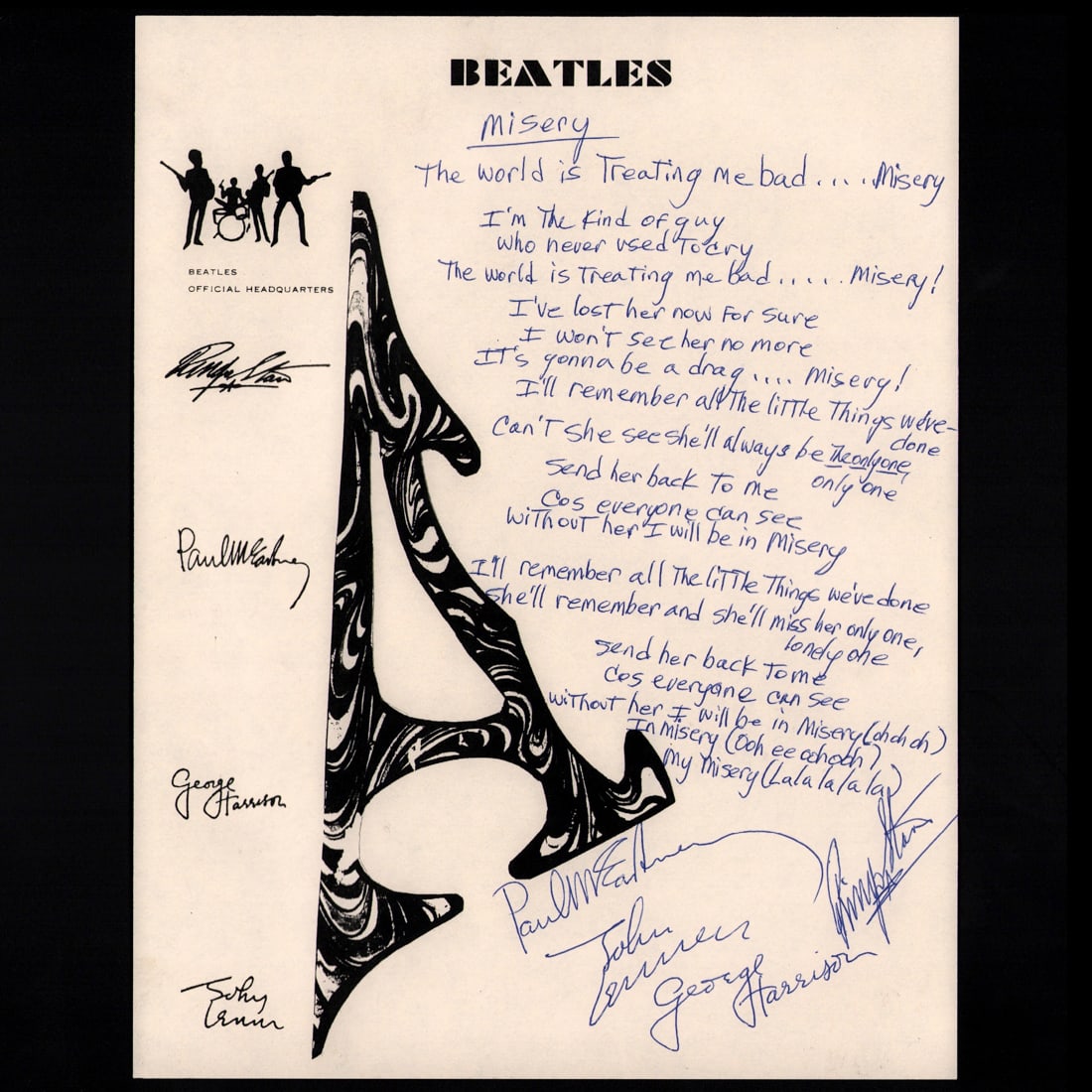 Forensically Authenticated Beatles Band Signed Handwritten Lyrics to "Misery" (1 of 4)