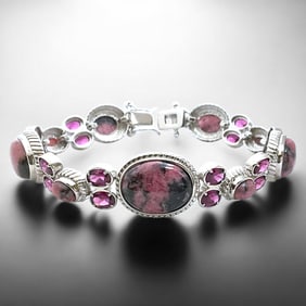 Splendid Garnet & Rhodonite Gemstone Sterling Silver Bracelet - 7.75"