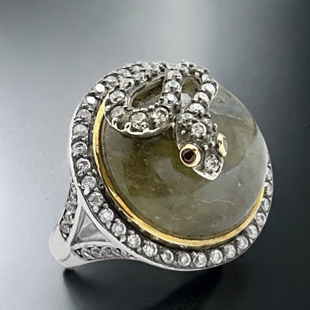 14K Gold & Sterling Silver Snake Ring with Labradolite, Garnet, & Simulated Diamonds - Size 6.5 (1 of 1)