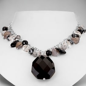 20" Black Onyx, Rutilated Quartz, &Crystal Quartz Statement Necklace