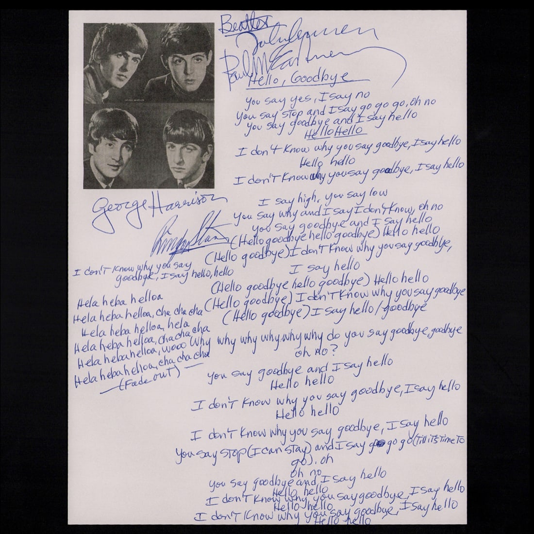Forensically Authenticated Beatles Band Signed Handwritten Lyrics to "Hello Goodbye" (1 of 4)