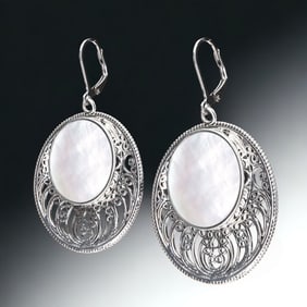 Imperial Mother-of-Pearl Sterling Silver Earrings with exquisite Filagree design
