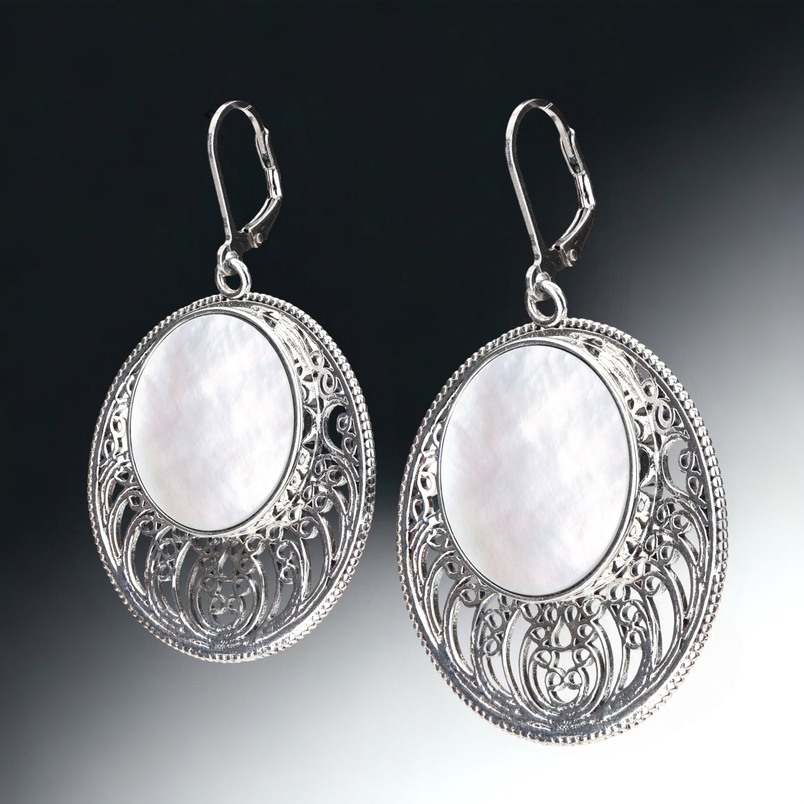 Imperial Mother-of-Pearl Sterling Silver Earrings with exquisite Filagree design (1 of 1)