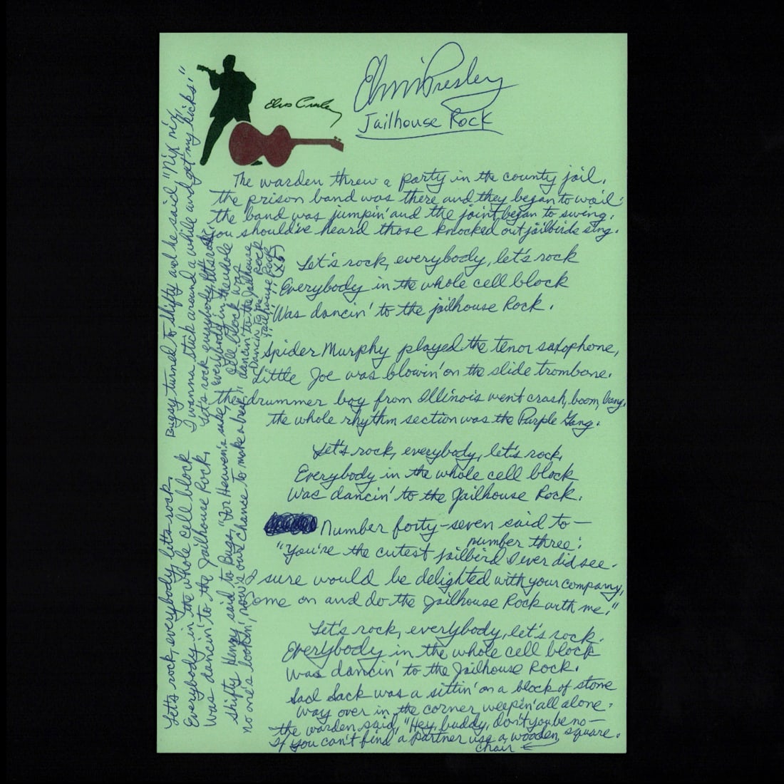 Forensically Authenticated Elvis Presley Signed and Handwritten Lyrics to "Jailhouse Rock” (1 of 4)