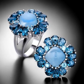 Blue Jade & London Blue Topaz Sterling Silver Flower Ring - Size 10