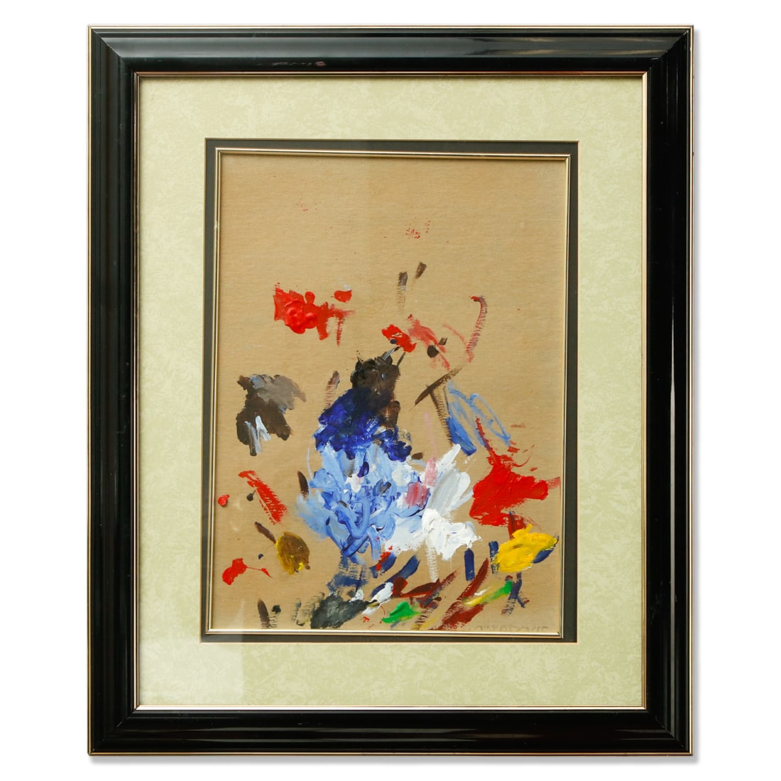 Justin Obradovic Original Framed Painting: Justin Obradovic Original Framed Painting. Dimensions: 11" x 15" (unframed), 19" x 23" (framed). Medium: Oil on paper. Subject: Abstract. Signature: Studio of Justin Obradovic stamp and sticker on the
