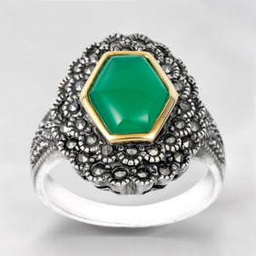 Spectacular Green Agate 14K Gold & Sterling Silver Ring with sparkling Marcasite - Ring 8