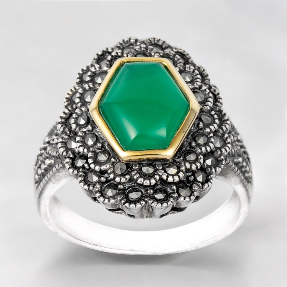 Spectacular Green Agate 14K Gold & Sterling Silver Ring with sparkling Marcasite - Ring 8 (1 of 1)