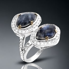 Black Onyx & Rainbow Moonstone Doublet Halo Ring with White Zircon accents - Size 8