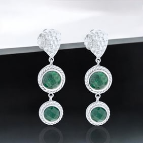 Deep Green Emerald Corundum Drop Earrings set in Sterling Silver