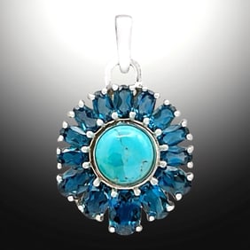 Radiant Turquise Sterling Silver Pendant surronded with dazzaling London Blue Topaz Gems