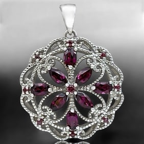 Exquisite Ornate Rhodolite Garnet Filigree Pendant in Lustrous Sterling Silver