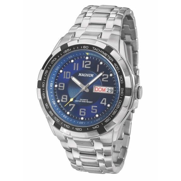 Magnum 47mm Sport Watch with Tachymeter – Sleek Silver & Blue Design: The Magnum 47mm Sport Watch with Tachymeter exudes style and precision. Featuring a striking silver stainless steel case, blue dial, and a battery-powered analog mechanism, this timepiece offers accur