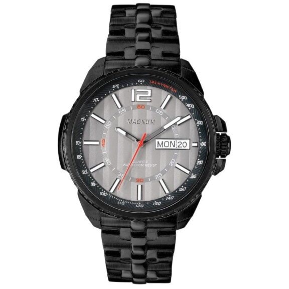 Magnum Sleek 45mm Sport Watch – Modern Black & Grey Design: The Magnum Sleek 45mm Sport Watch is a stylish, modern timepiece with a black stainless steel case and a sleek grey dial. Powered by a battery-operated analog mechanism, it delivers precision and reli