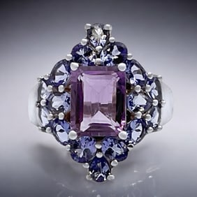 Elegant Amethyst and Tanzanite Ring in Gleaming Sterling Silver – Size 7.5