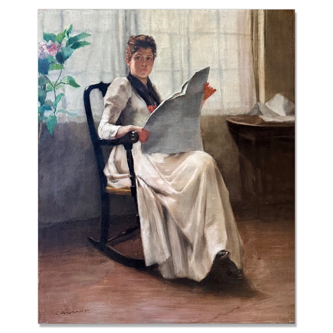 Clement Rollins Grant - Monet era American Impressionist - Oil on Canvas (1885) 30" x 20": Clement Rollins Grant Oil on Canvas. Dimensions: Canvas: 30" x 20", Medium: Oil on Canvas, Signed by Clement Rollins Grant. This captivating oil on canvas by Clement Rollins Grant features a serene an