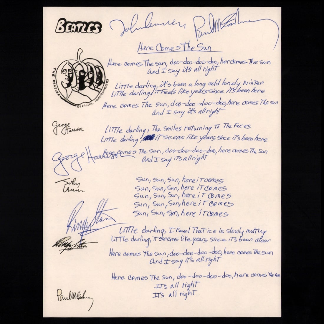 Beatles Band Signed Lyrics to "Here Comes the Sun" Handwritten by John Lennon (1 of 16)