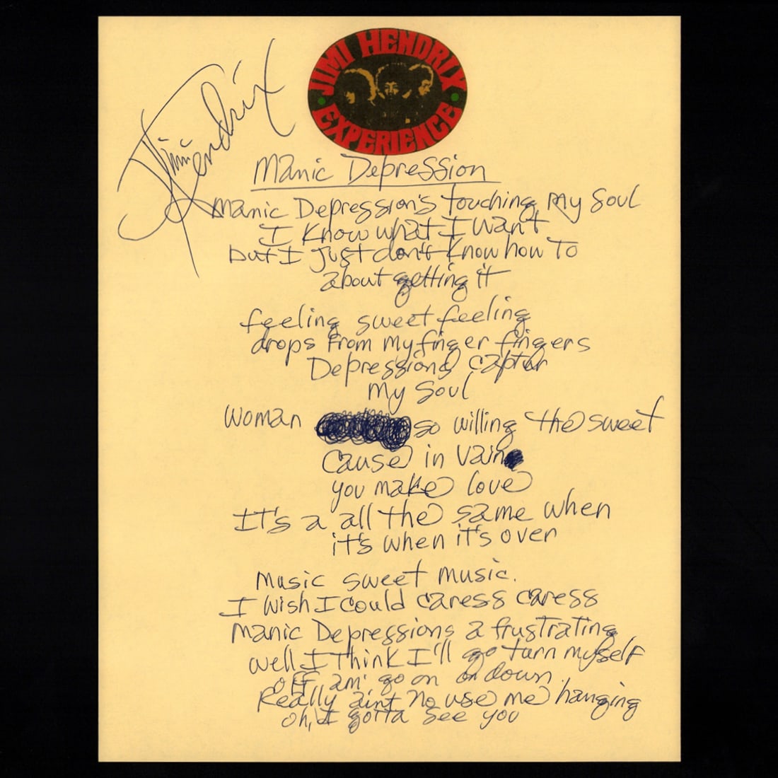 Jimi Hendrix Signed Handwritten Lyrics for "Manic Depression" (1 of 9)