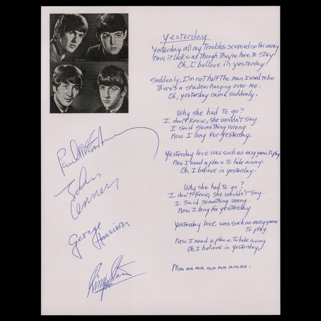 Beatles Signed Lyrics to "Yesterday" Handwritten by John Lennon (1 of 11)