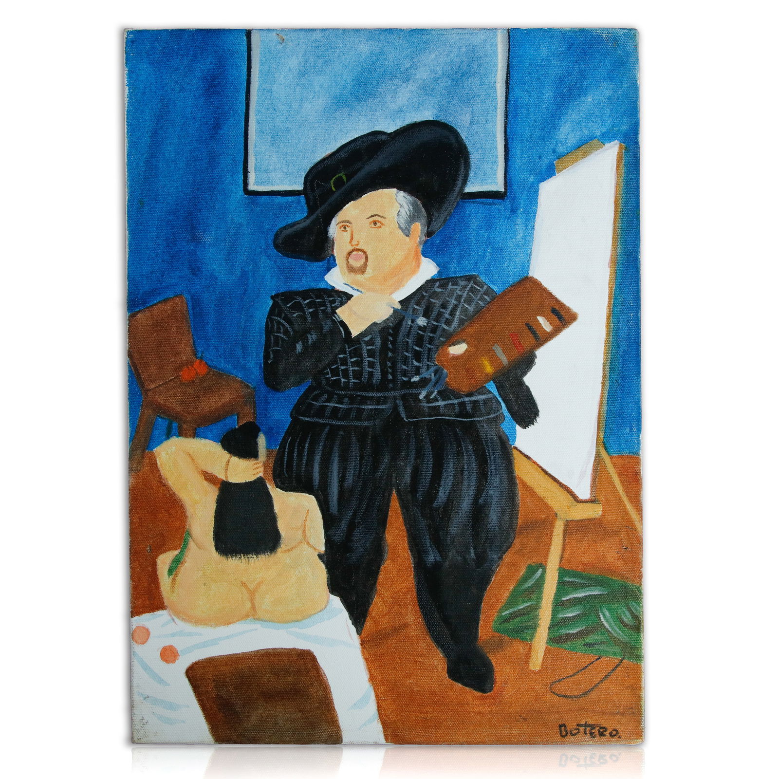 Oil Painting in the Style of Fernando Botero: Oil Painting in the Style of Fernando Botero We are pleased to present an intriguing oil painting in the style of the renowned Colombian artist Fernando Botero. This artwork depicts a man in a black s
