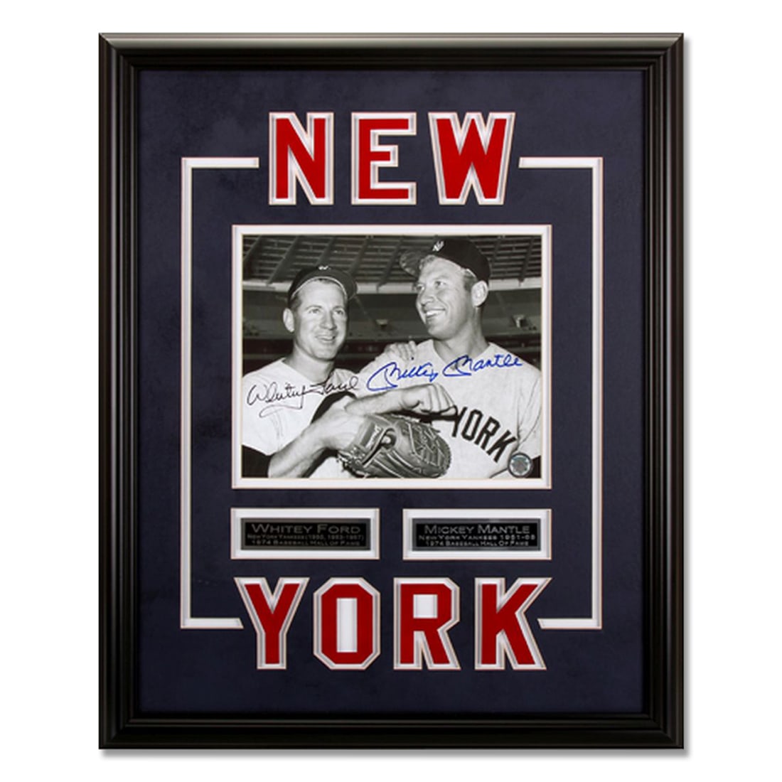 Mickey Mantle & Whitey Ford Baseball Legends: This is a beautifully designed 22x18 custom framed and original Yogi Berra & Whitey Ford Autographed picture. This piece comes with a Certificate of Authenticity attached to the back
