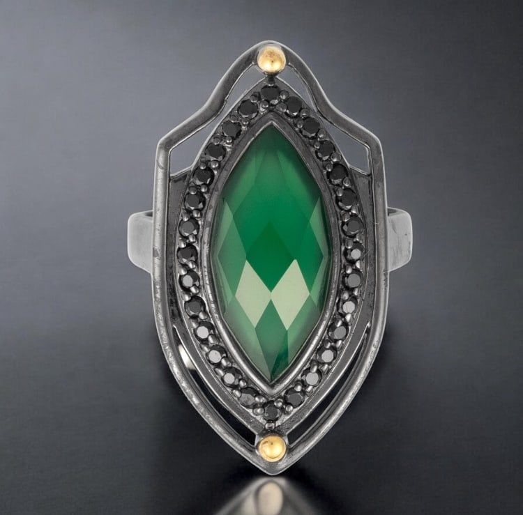Elegant 14K Gold & Sterling Silver Marquise-Cut Green Agate Ring with Black Spinel Accents (1 of 1)