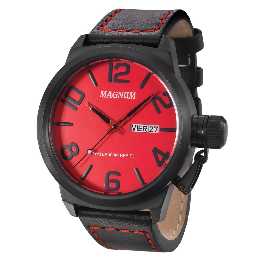 48 mm Men's Magnum Graduate Quartz Watch: The Magnum Graduate Men's watch sports a 41mm dial window with a 14mm thick case. The Graduate is the epitome of the contemporary watch. The 3 hand watch with day/date feature and sturdy leather strap
