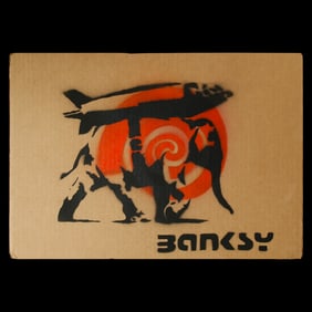 Banksy Cardboard Art - Red Swirl with Shuttle and Abstract Design. Dimensions: 20" x 14"