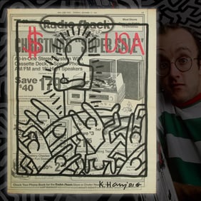 Keith Haring Newspaper Mixed Media Drawing on Newspaper "$ USA"