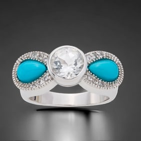 Sleeping Beauty Turquoise Bow Tie Style Sterling Silver Ring with White Topaz Accents - Size 8