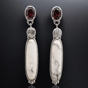 Exquisite Elongated White Buffalo Sterling Silver Earrings with Garnet & White Topaz Gemstones