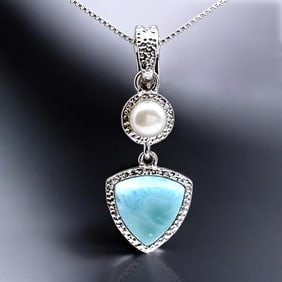 Regal Freshwater Pearl & Larimar Gemstone Pendant crafted in Sterling Silver with an 18" Chain