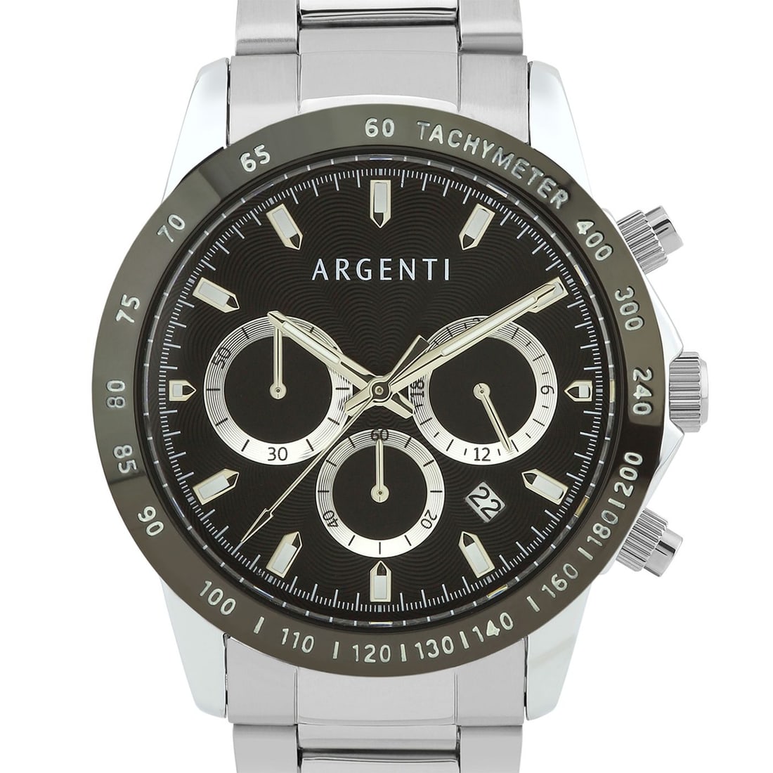Argenti Multi-Function Chronograph 43mm Case Watch: Citizen/Miyota VD53B Quartz Movement, True Chronograph Functions, Tachymeter Scale,Visible Date Window, Multi.Textured Dial, Luminescent Hands and Hour MarkersRound Stainless Steel Case with 22mm Adju