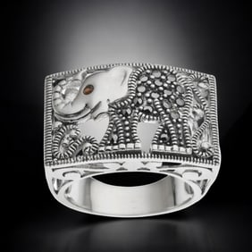 Elephant Ring with Garnet Eye and Glimmering Marcasite Set in Sterling Silver - Size 6