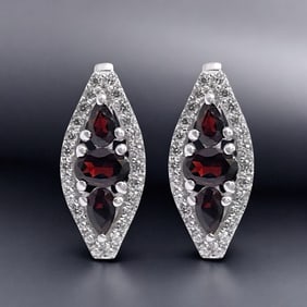 Garnet & White Zircon Latchback Earrings crafted in Sterling Silver