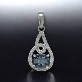 Heavenly Oval Iolite Sterling Silver Pendant Surronded by White Zircon