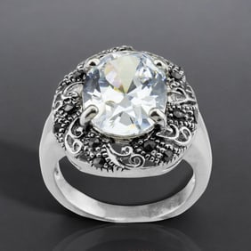 Spectacular Simulated Diamond Sterling Silver Ring with Marcasite - Size 7