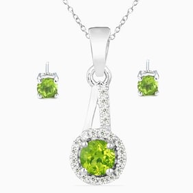 Peridot Halo Pendant with Matching Peridot Stud Earrings in Sterling Silver