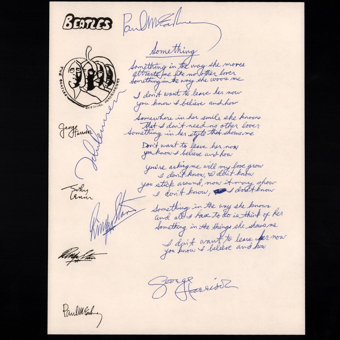 The Beatles Signed Handwritten Lyrics to "Something" (1 of 7)