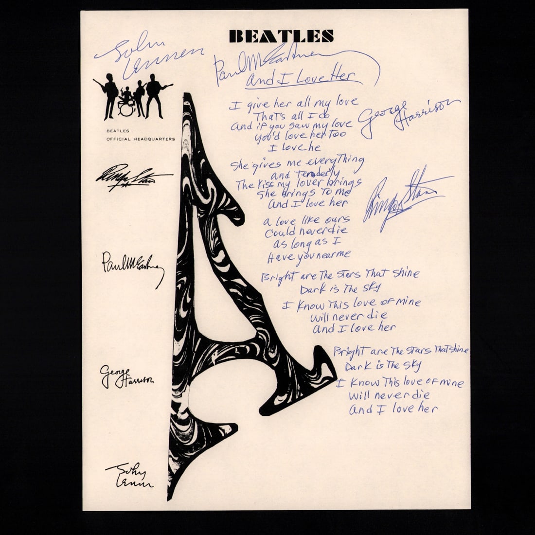 The Beatles  Signed Handwritten Lyrics to "And I Love Her" (1 of 12)