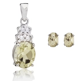 Lemon Quartz & White Zircon Pendant with Lemon Quartz Earrings in Sterling Silver