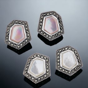 Set of 2 Pink & White Mother-of-Pearl Sterling Silver Earrings with Marcasite Accents